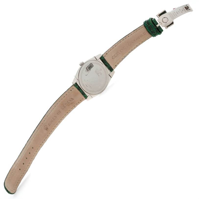 The image shows the back of a Rolex Cellini 6321 Women's White Gold Mother of Pearl Dial 6321 Women's White Gold Mother of Pearl Dial watch with its leather strap fully extended and buckle visible.