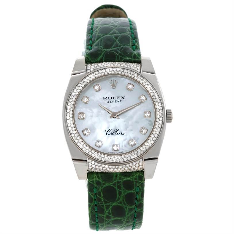 The image shows a frontal view of a Rolex Cellini 6321 Women's White Gold Mother of Pearl Dial 6321 Women's White Gold Mother of Pearl Dial watch featuring a green leather strap and a diamond bezel.