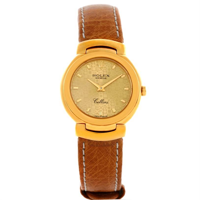 The image shows a front view of a Rolex Cellini 6621 Women's Yellow Gold Champagne Dial 6621 Women's Yellow Gold Champagne Dial watch, highlighting its face and brown leather strap.