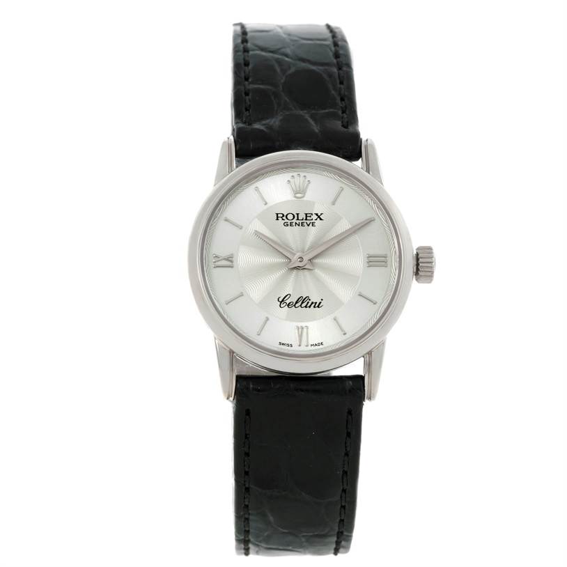 The image shows a Rolex Cellini 6111 Women's White Gold Silver Dial 6111 Women's White Gold Silver Dial watch from the front, featuring its dial, case, crown, and black leather strap.