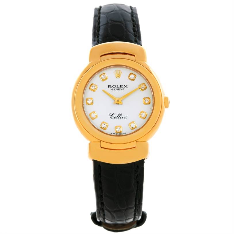 The Rolex Cellini 6621 Women's Yellow Gold White Dial 6621 Women's Yellow Gold White Dial watch is shown from a frontal angle, highlighting its gold casing, white dial, diamond hour markers, and black leather strap.