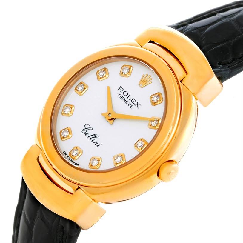 The image shows a close-up angle of a Rolex Cellini 6621 Women's Yellow Gold White Dial 6621 Women's Yellow Gold White Dial watch featuring its face, gold case, and black leather strap.