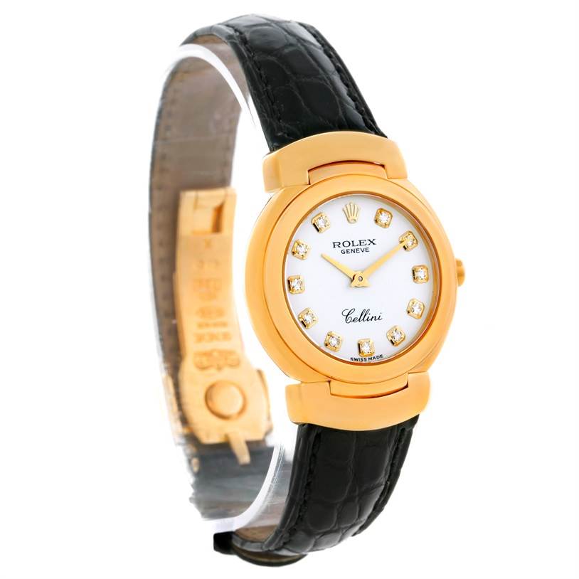 The Rolex Cellini 6621 Women's Yellow Gold White Dial 6621 Women's Yellow Gold White Dial watch is shown at a slight angle highlighting the face, gold case, and black leather strap.