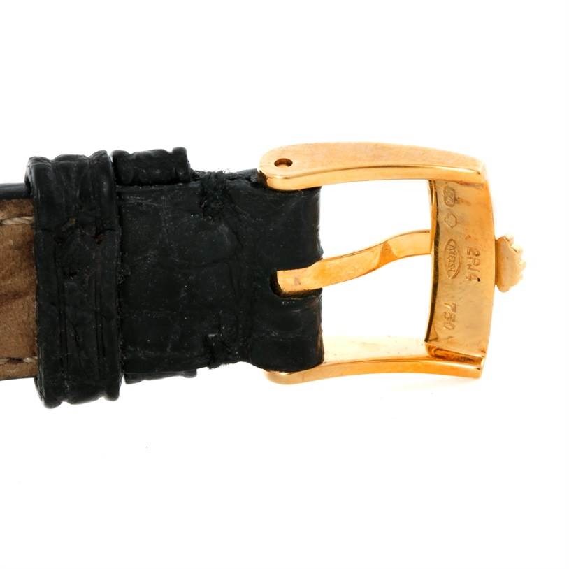 The image shows a close-up of the clasp and part of the black leather strap of a Rolex Cellini 6229 Women's Yellow Gold White Dial 6229 Women's Yellow Gold White Dial watch.