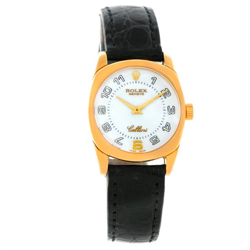 The image shows a front view of a Rolex Cellini 6229 Women's Yellow Gold White Dial 6229 Women's Yellow Gold White Dial watch, showcasing its black leather strap, gold-tone case, and white dial.