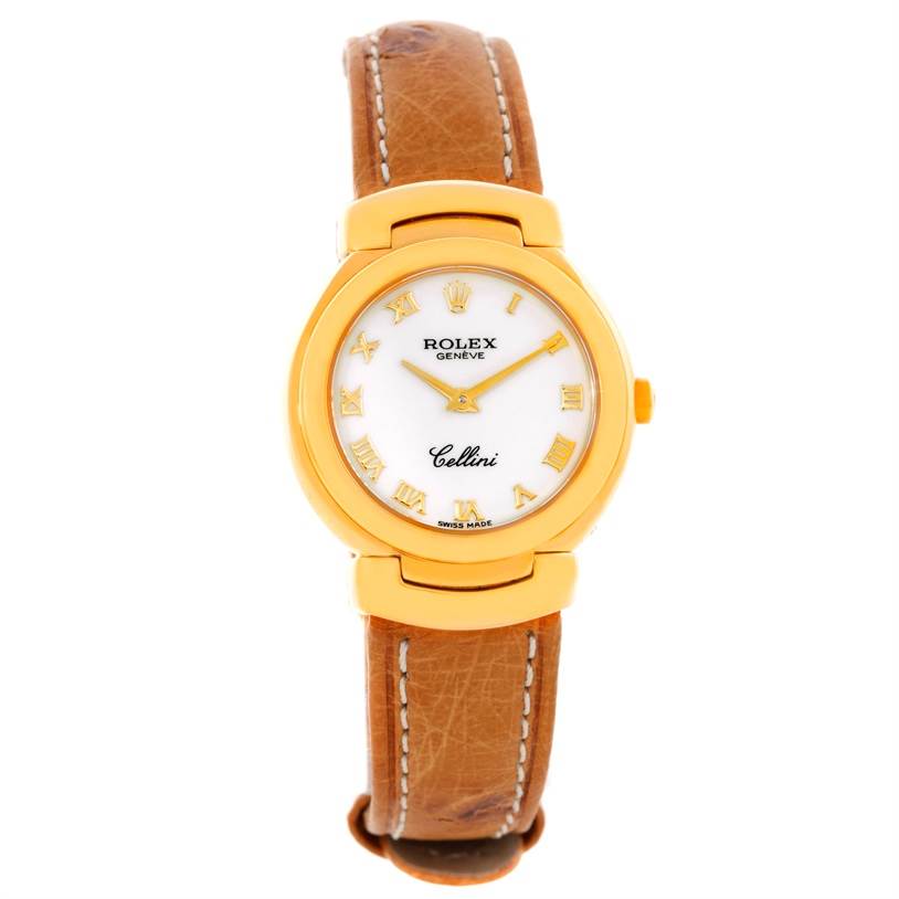 The image shows a Rolex Cellini 6621 Women's Yellow Gold White Dial 6621 Women's Yellow Gold White Dial watch from a front angle, highlighting its face and brown leather strap.
