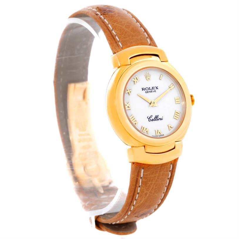 This image shows a side view of the Rolex Cellini 6621 Women's Yellow Gold White Dial 6621 Women's Yellow Gold White Dial watch, focusing on its gold case, white dial, and brown leather strap.