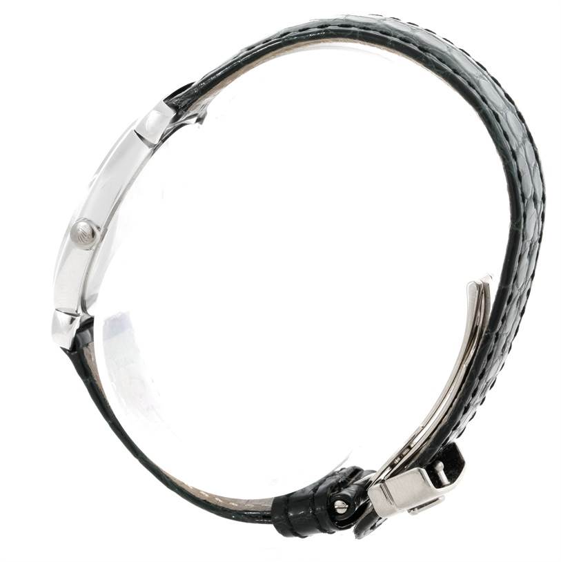 The image shows a side profile of the Rolex Cellini 6681 Women's White Gold White Dial 6681 Women's White Gold White Dial watch, displaying the case, crown, and black leather strap with clasp.