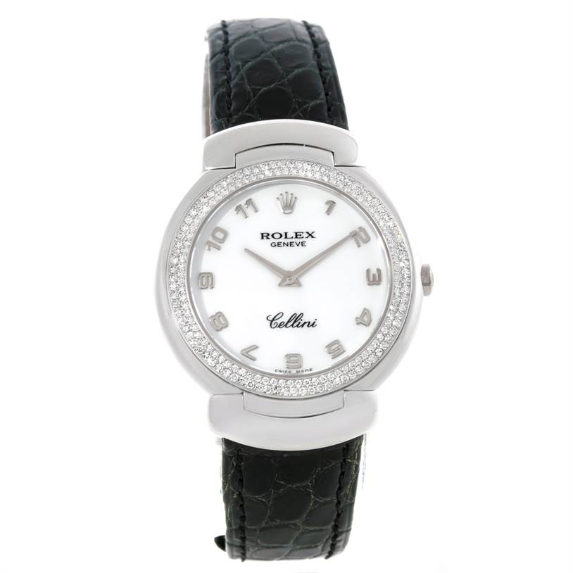The Rolex Cellini 6681 Women's White Gold White Dial 6681 Women's White Gold White Dial watch is shown from a front angle, displaying its face, bezel, and black leather strap.