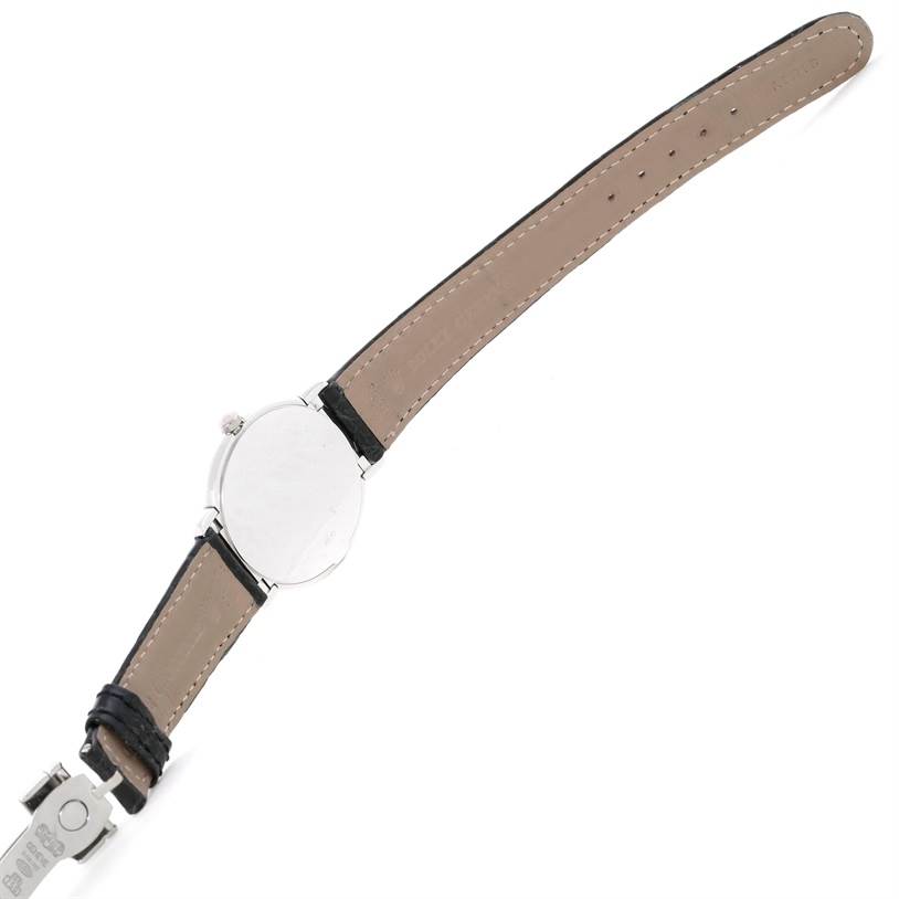 This Rolex Cellini 6681 Women's White Gold White Dial 6681 Women's White Gold White Dial model watch is shown from the back, highlighting the strap, clasp, and case back.