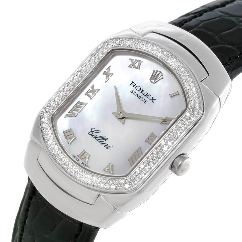 The image shows the face and partial strap of a Rolex Cellini 6691 Women's White Gold Mother of Pearl Dial 6691 Women's White Gold Mother of Pearl Dial watch from a close-up angle.