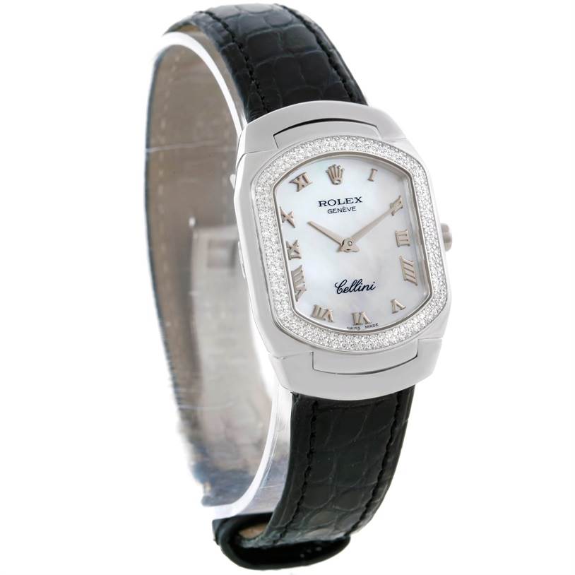 The Rolex Cellini 6691 Women's White Gold Mother of Pearl Dial 6691 Women's White Gold Mother of Pearl Dial watch is shown at a slight angle from the front, displaying its face, bezel, and leather strap.