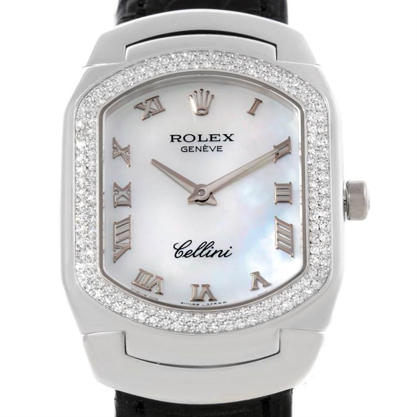 This image shows a front view of the Rolex Cellini 6691 Women's White Gold Mother of Pearl Dial 6691 Women's White Gold Mother of Pearl Dial watch, highlighting its dial, bezel, and part of the strap.