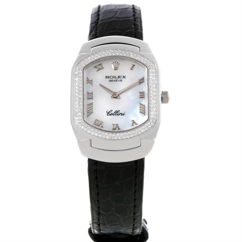 This image shows a frontal view of the Rolex Cellini 6691 Women's White Gold Mother of Pearl Dial 6691 Women's White Gold Mother of Pearl Dial watch, highlighting the dial, case, bezel, and leather strap.