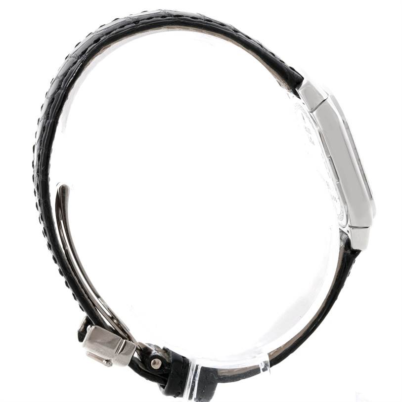 This image shows a side view of a Rolex Cellini 6691 Women's White Gold Mother of Pearl Dial 6691 Women's White Gold Mother of Pearl Dial watch, highlighting its leather strap and clasp.