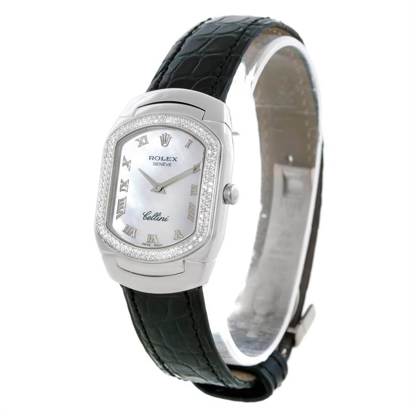 The Rolex Cellini 6691 Women's White Gold Mother of Pearl Dial 6691 Women's White Gold Mother of Pearl Dial watch is displayed from an angled front view, showing its face, bezel, crown, and strap.