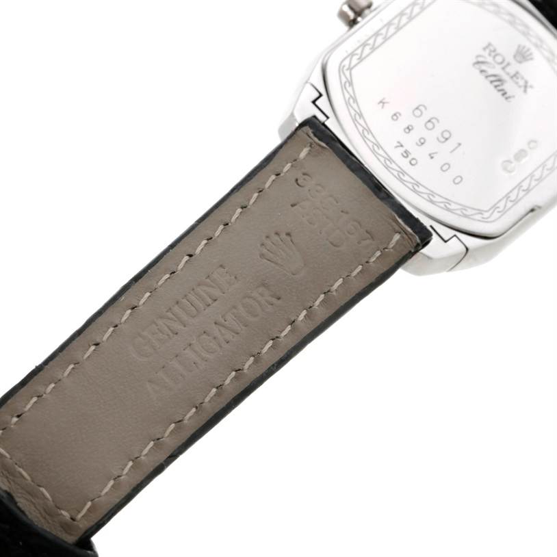 The image shows the back and the leather strap of a Rolex Cellini 6691 Women's White Gold Mother of Pearl Dial 6691 Women's White Gold Mother of Pearl Dial watch, highlighting the "GENUINE ALLIGATOR" marking.