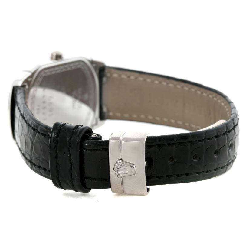 The image shows a side view of the Rolex Cellini 6691 Women's White Gold Mother of Pearl Dial 6691 Women's White Gold Mother of Pearl Dial watch, focusing on its black leather strap and clasp.