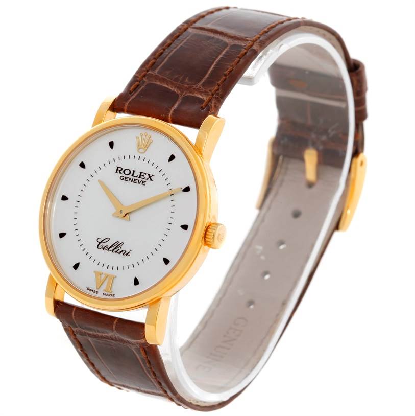 The image shows a Rolex Cellini 5115 Men's Yellow Gold Silver Dial 5115 Men's Yellow Gold Silver Dial watch at an angled view, highlighting the face, crown, and brown leather strap.