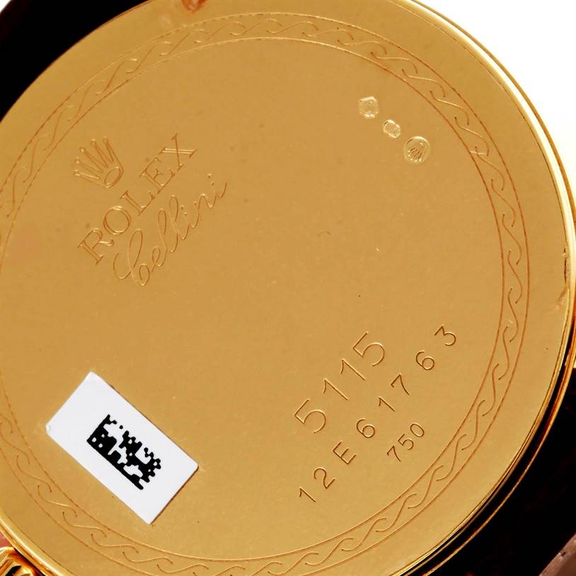 This image shows the back case of a Rolex Cellini 5115 Men's Yellow Gold Silver Dial 5115 Men's Yellow Gold Silver Dial watch, featuring the brand name and model number 5115.