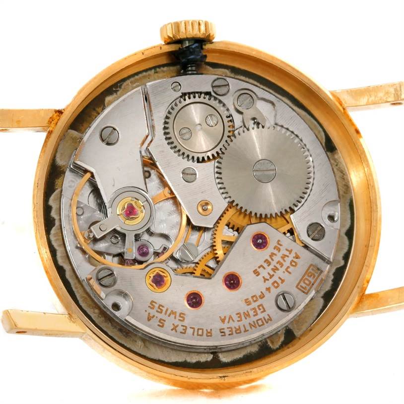 The image shows the internal mechanism and movement of the Rolex Cellini 5109 Women's Yellow Gold Champagne Dial 5109 Women's Yellow Gold Champagne Dial watch from a back view angle with the case removed.