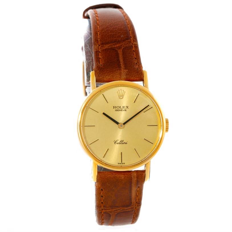 The image shows a front view of the Rolex Cellini 5109 Women's Yellow Gold Champagne Dial 5109 Women's Yellow Gold Champagne Dial watch, featuring a gold dial, case, and brown leather strap.