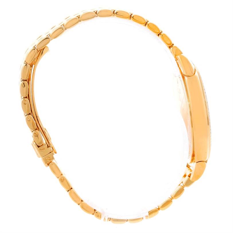 The image shows a side profile of the Rolex Cellini 6321 Women's Yellow Gold Mother of Pearl Dial 6321 Women's Yellow Gold Mother of Pearl Dial watch, focusing on its gold bracelet and case.