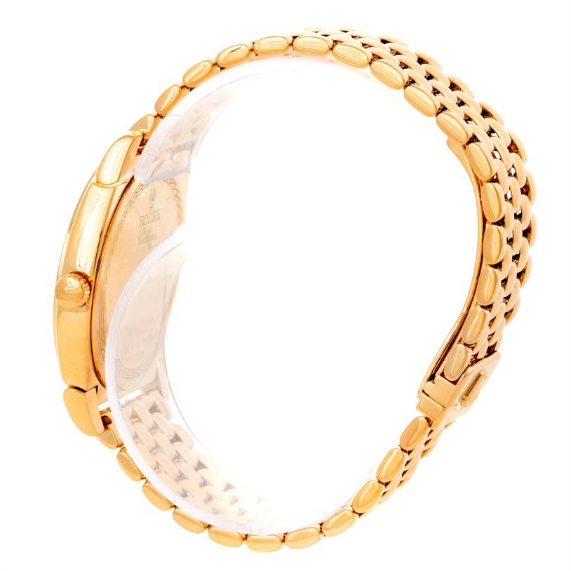 The image shows a side view of the Rolex Cellini 6321 Women's Yellow Gold Mother of Pearl Dial 6321 Women's Yellow Gold Mother of Pearl Dial watch, highlighting its gold case and linked bracelet.