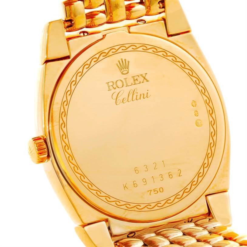 The image shows the back case and part of the bracelet of a Rolex Cellini 6321 Women's Yellow Gold Mother of Pearl Dial 6321 Women's Yellow Gold Mother of Pearl Dial watch at an angle.