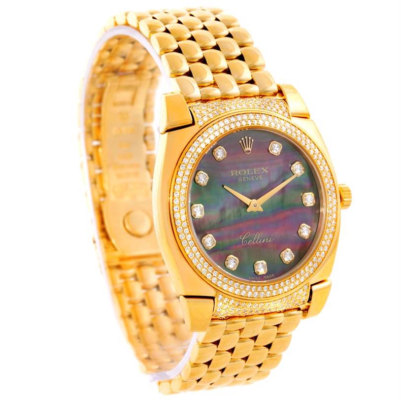 The Rolex Cellini 6321 Women's Yellow Gold Mother of Pearl Dial 6321 Women's Yellow Gold Mother of Pearl Dial watch is shown at an oblique angle, highlighting its gold bracelet, diamond-encrusted bezel, and iridescent dial.