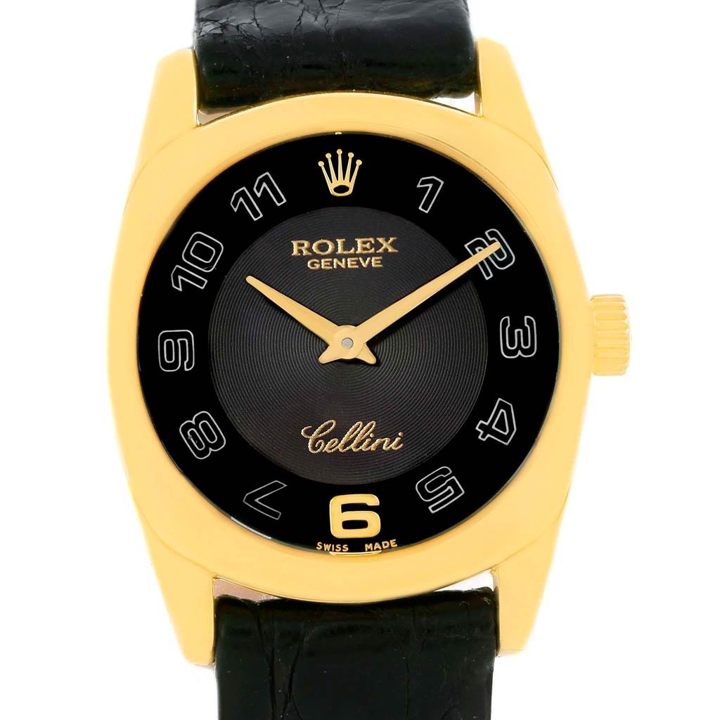 The image shows a front view of a Rolex Cellini 6229 Women's Yellow Gold Black Dial 6229 Women's Yellow Gold Black Dial watch, highlighting its black dial, gold case, crown, and leather strap.