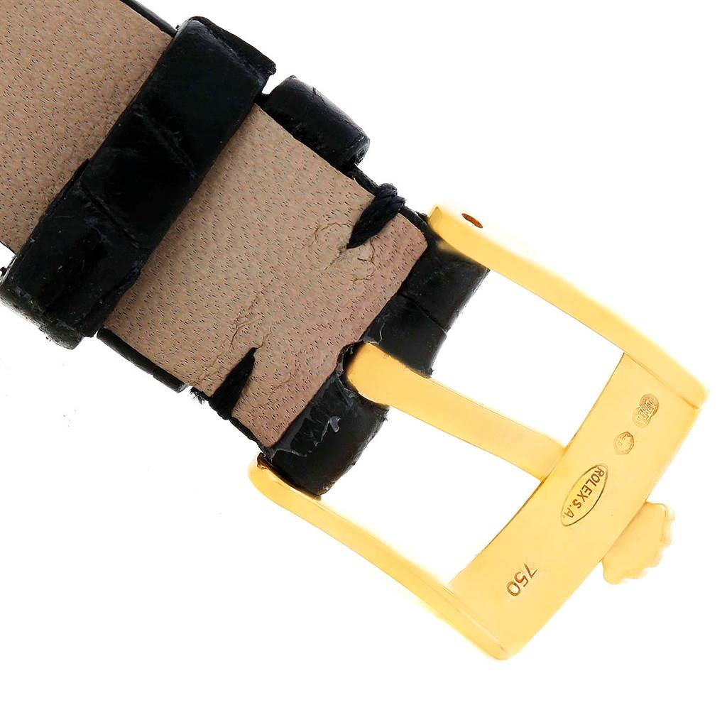 The image shows the buckle and part of the leather strap of a Rolex Cellini 6229 Women's Yellow Gold Black Dial 6229 Women's Yellow Gold Black Dial watch from a close-up angle.