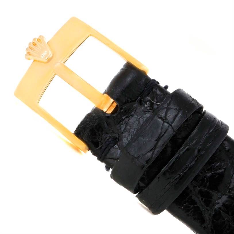 This image shows a close-up view of the buckle and strap for the Rolex Cellini 6229 Women's Yellow Gold Black Dial 6229 Women's Yellow Gold Black Dial watch.