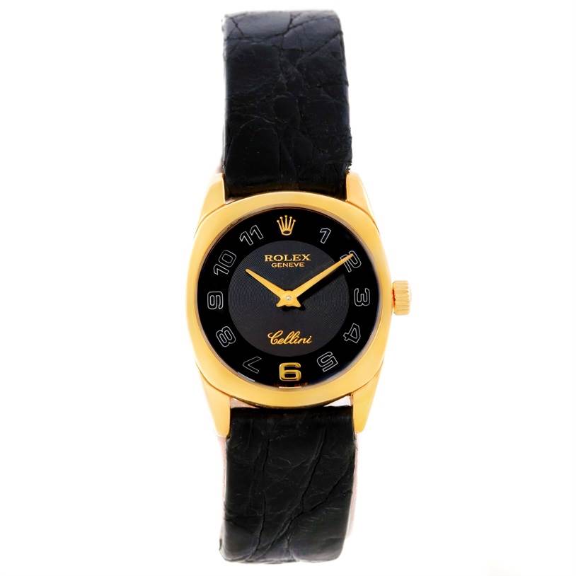 The image shows a front view of the Rolex Cellini 6229 Women's Yellow Gold Black Dial 6229 Women's Yellow Gold Black Dial watch, highlighting its black strap, gold case, and black dial with gold accents.