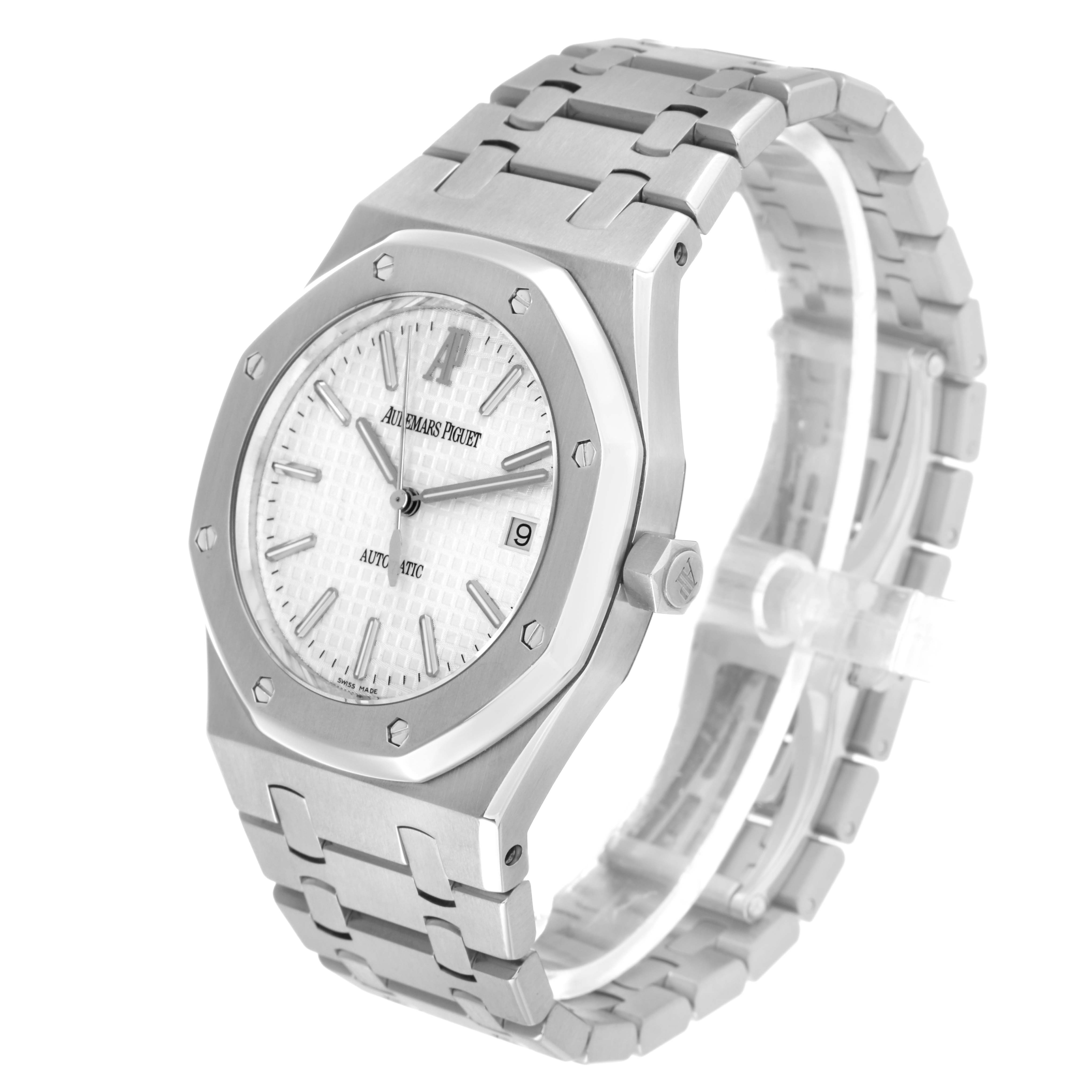 The image shows the Audemars Piguet Royal Oak 15300ST Men's Stainless Steel White Dial watch at a slight side angle, highlighting the dial, bezel, and bracelet.
