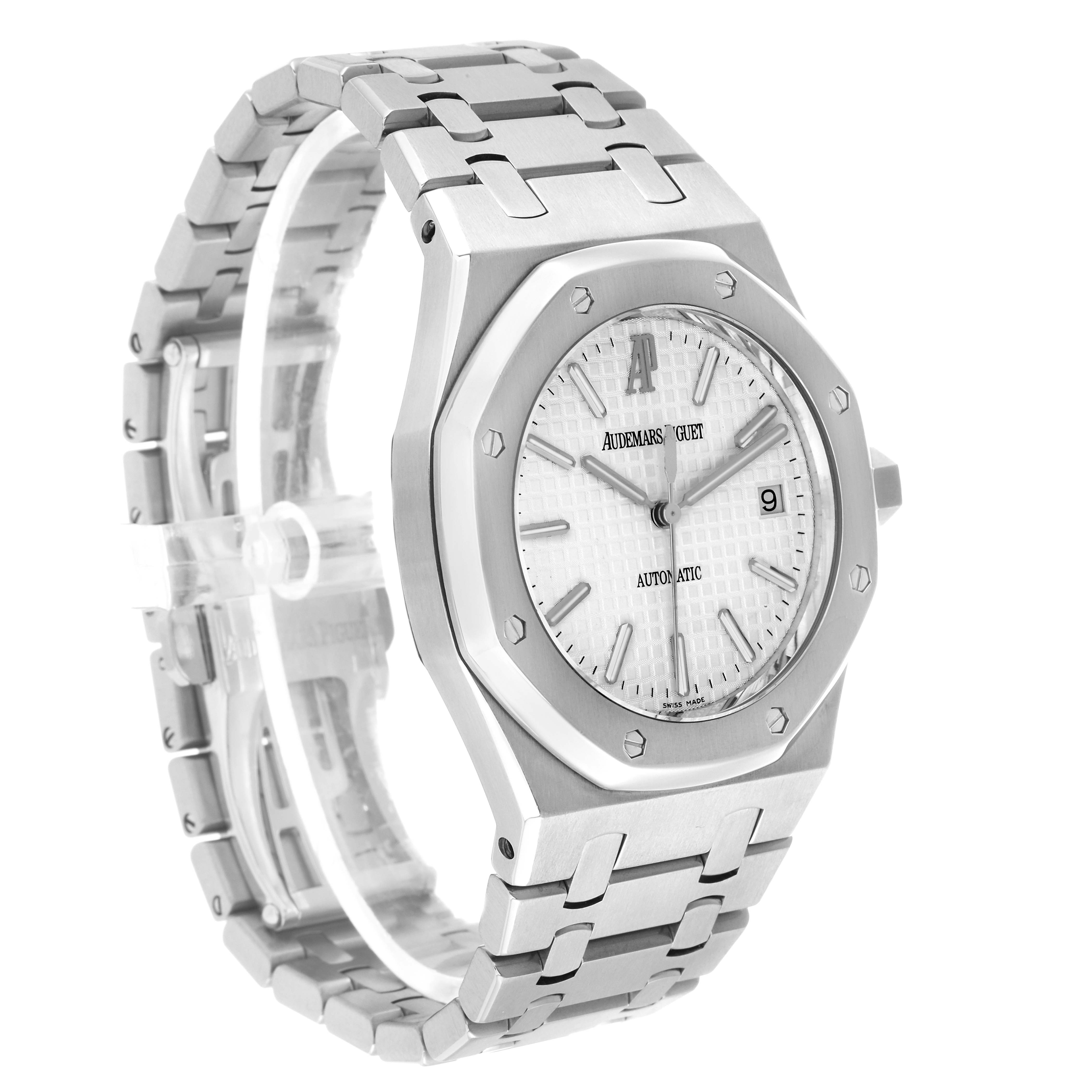 The Audemars Piguet Royal Oak 15300ST Men's Stainless Steel White Dial watch is shown at a three-quarter angle, highlighting the bracelet, bezel, and dial.