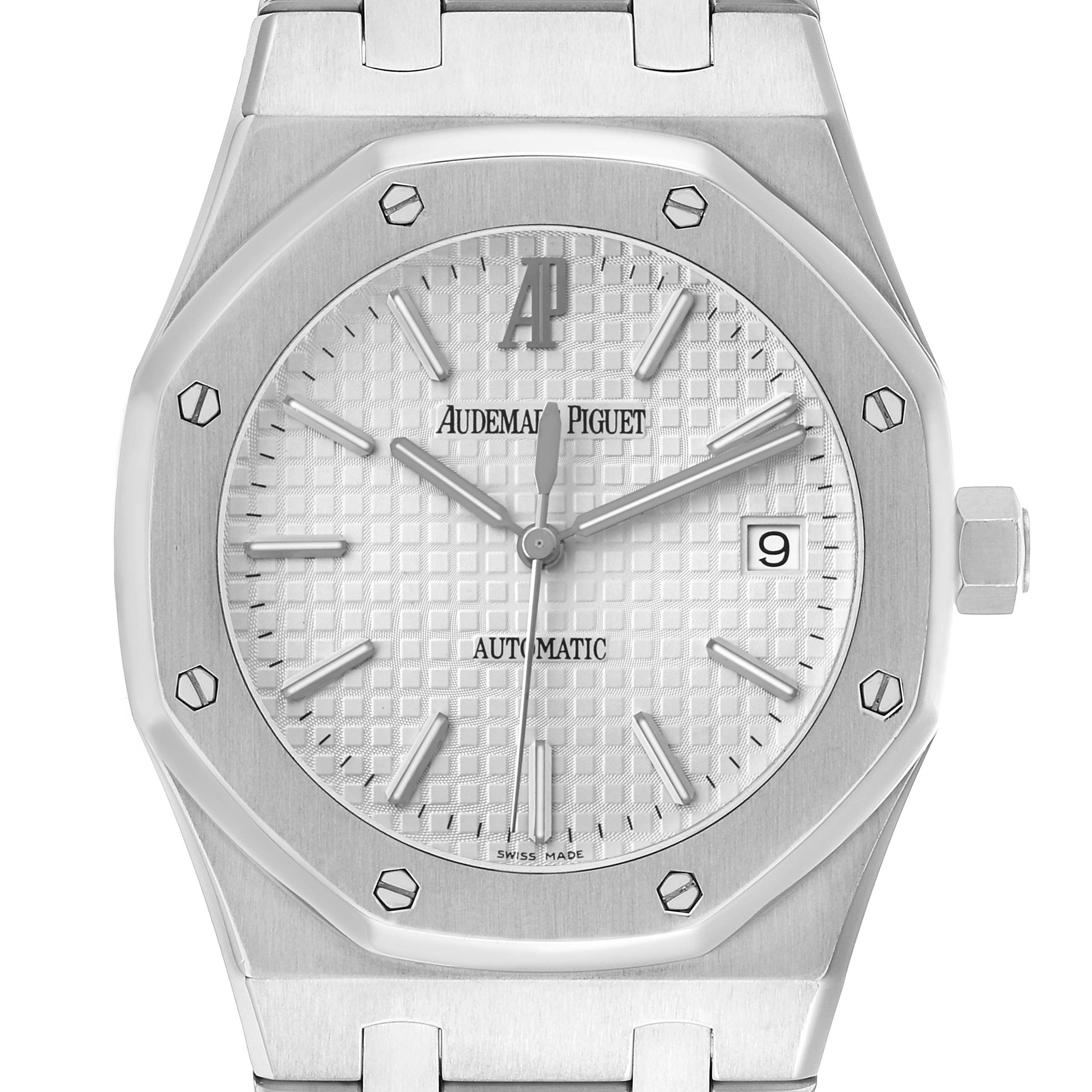 The image shows a front view of the Audemars Piguet Royal Oak 15300ST Men's Stainless Steel White Dial, highlighting the dial, bezel, and bracelet.