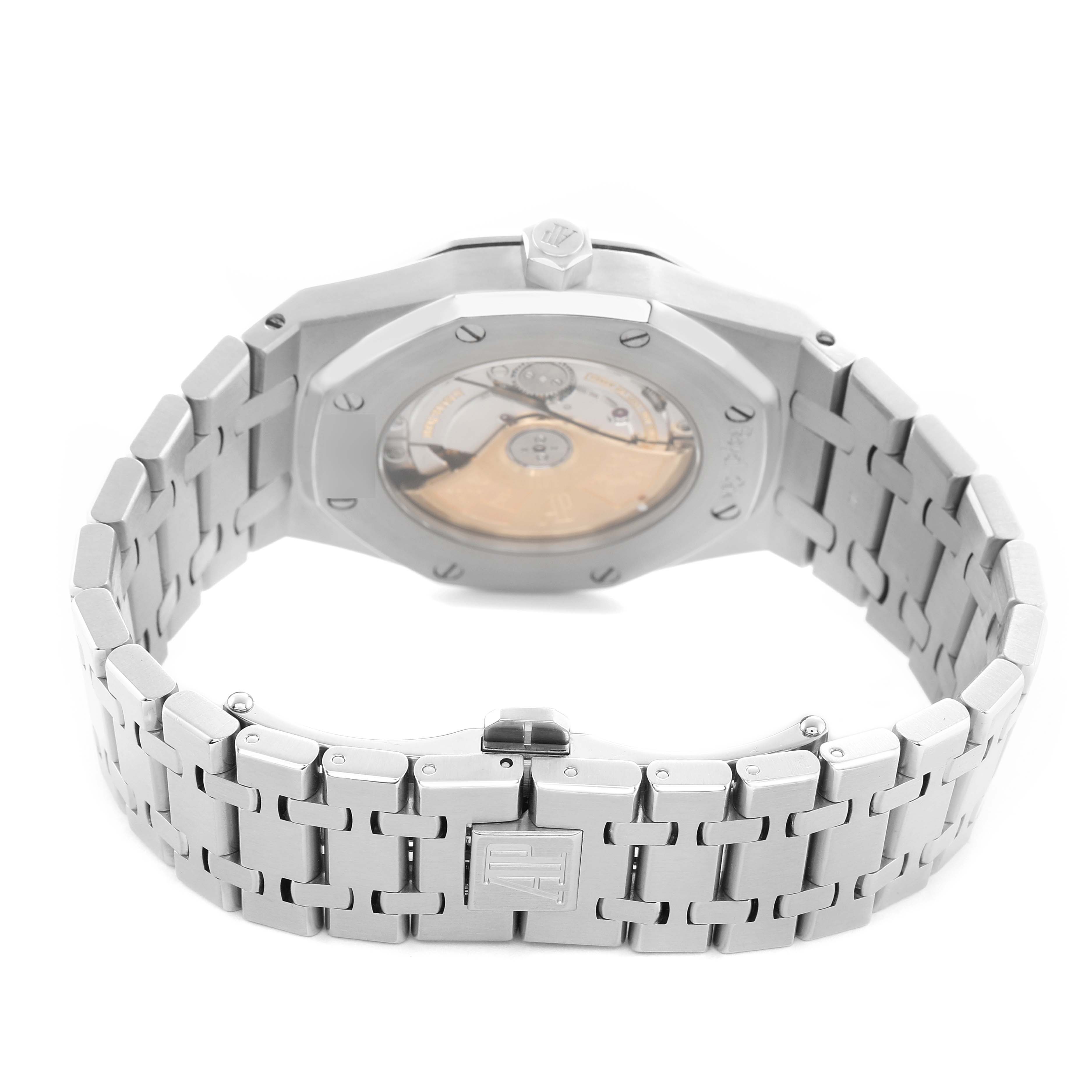 The image shows the back of an Audemars Piguet Royal Oak 15300ST Men's Stainless Steel White Dial watch, highlighting its bracelet and transparent case back.