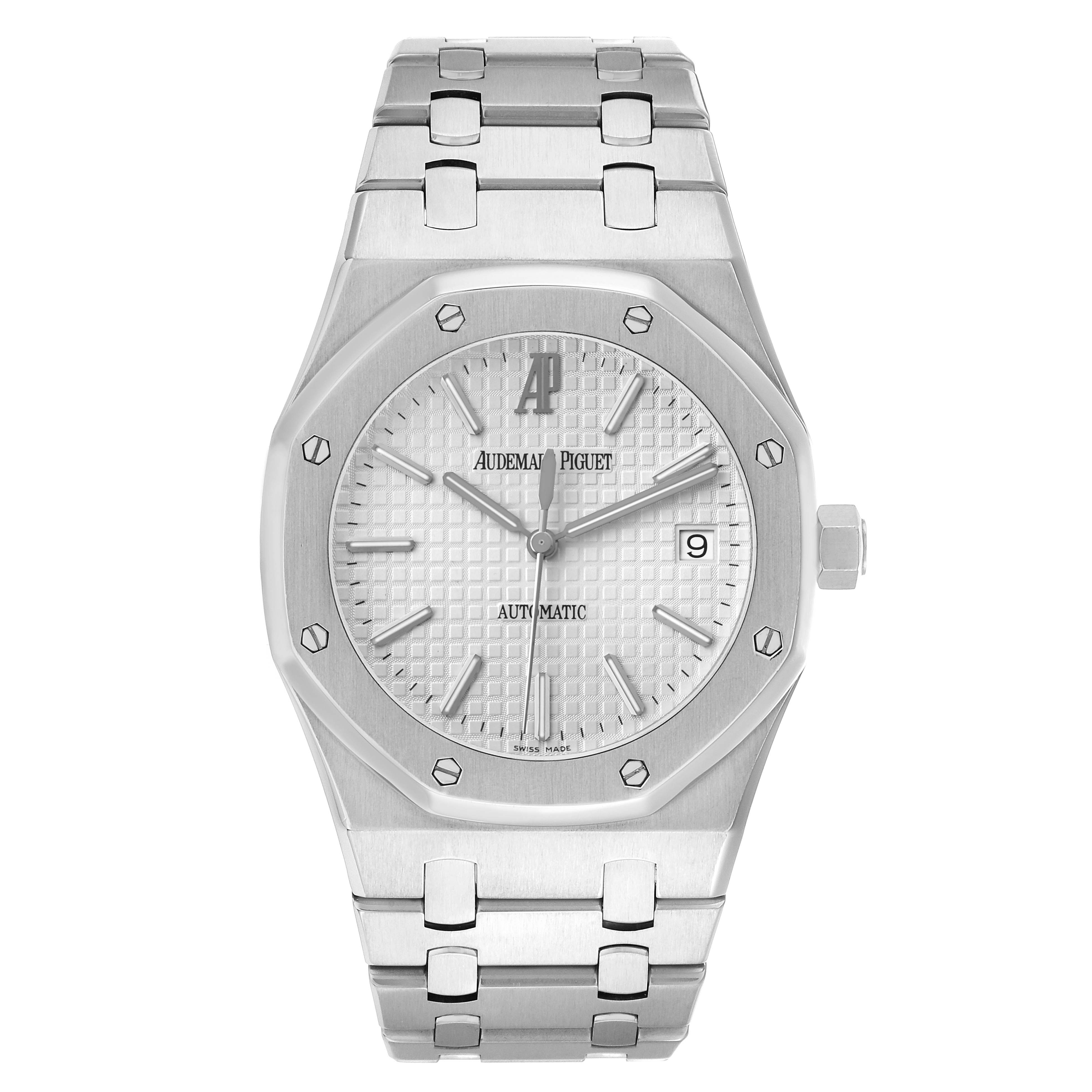The Audemars Piguet Royal Oak 15300ST Men's Stainless Steel White Dial watch is shown from a top view, highlighting the dial, bezel, and bracelet.