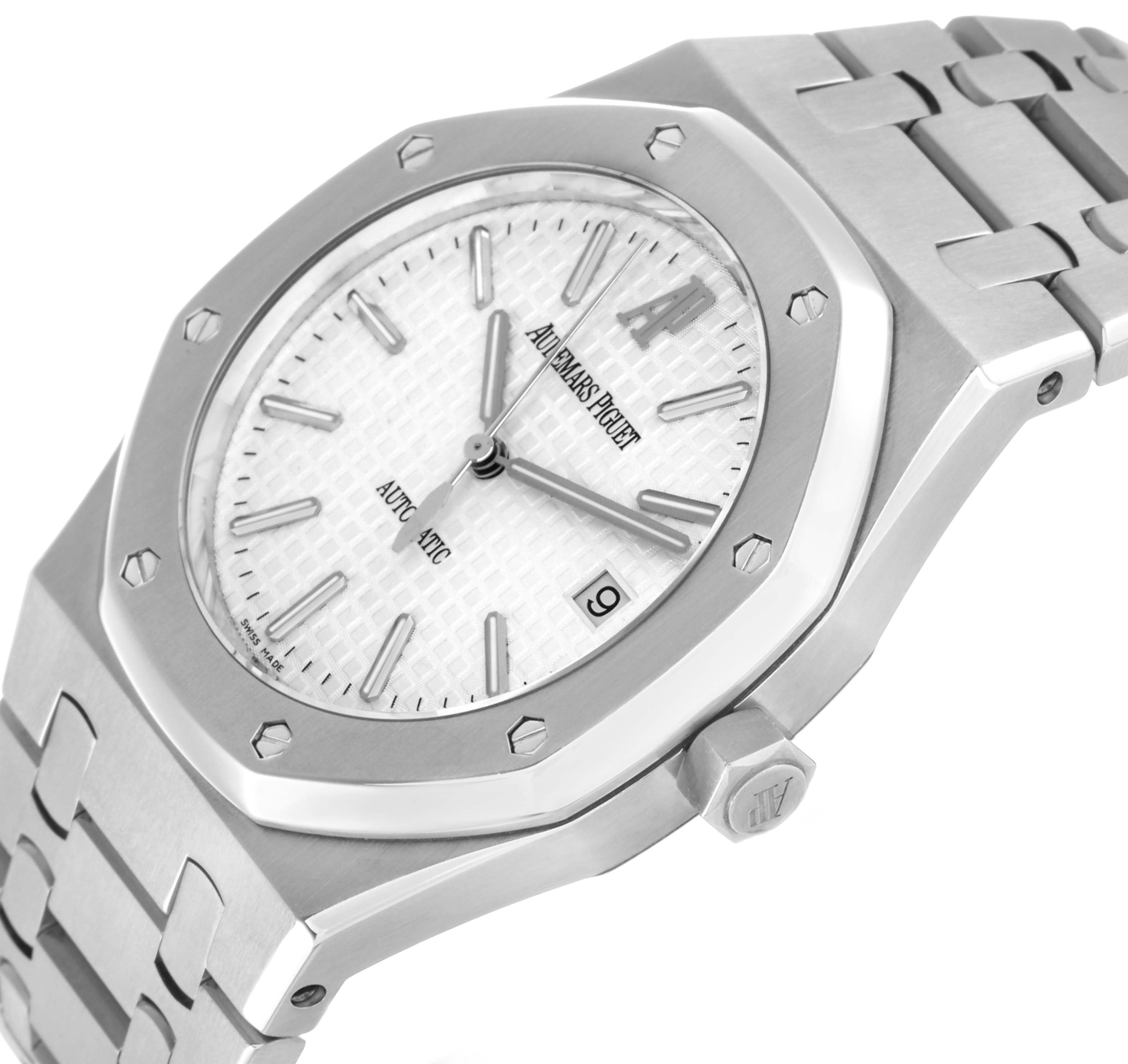 The Audemars Piguet Royal Oak 15300ST Men's Stainless Steel White Dial watch is shown at a slight angle, highlighting the octagonal bezel, white dial, and bracelet.