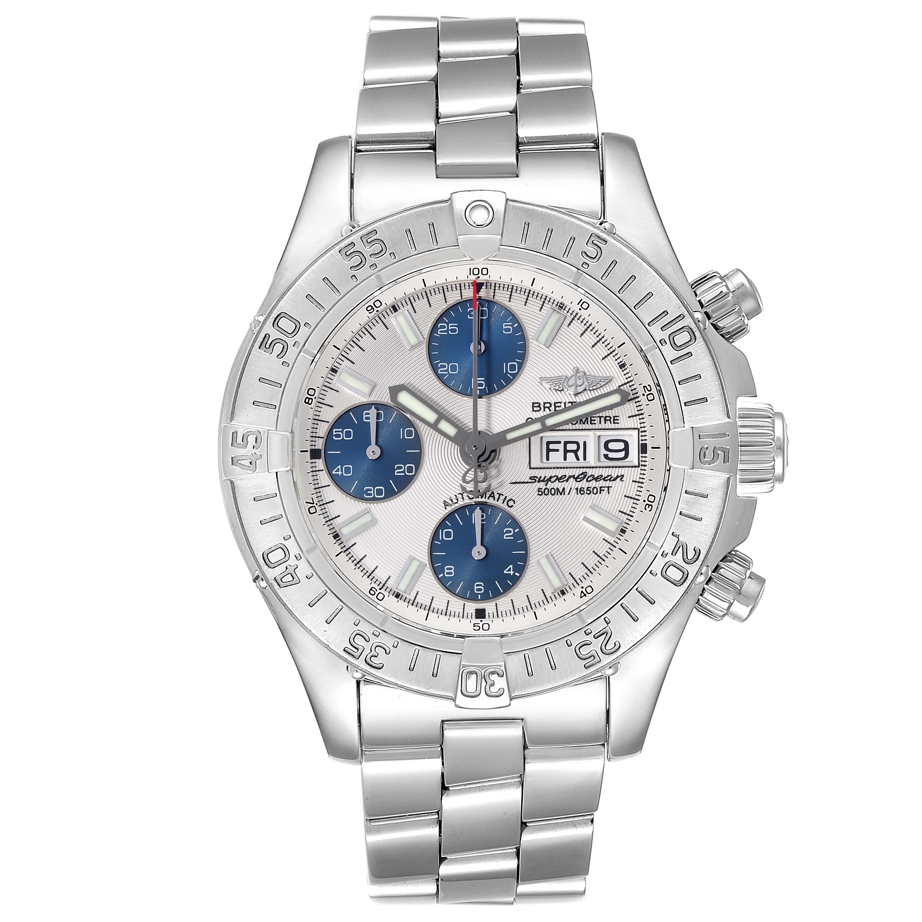 The image shows a front view of the Breitling Superocean A13340 Men's Stainless Steel Silver Dial A13340 Men's Stainless Steel Silver Dial model watch, highlighting its face, bezel, and bracelet.