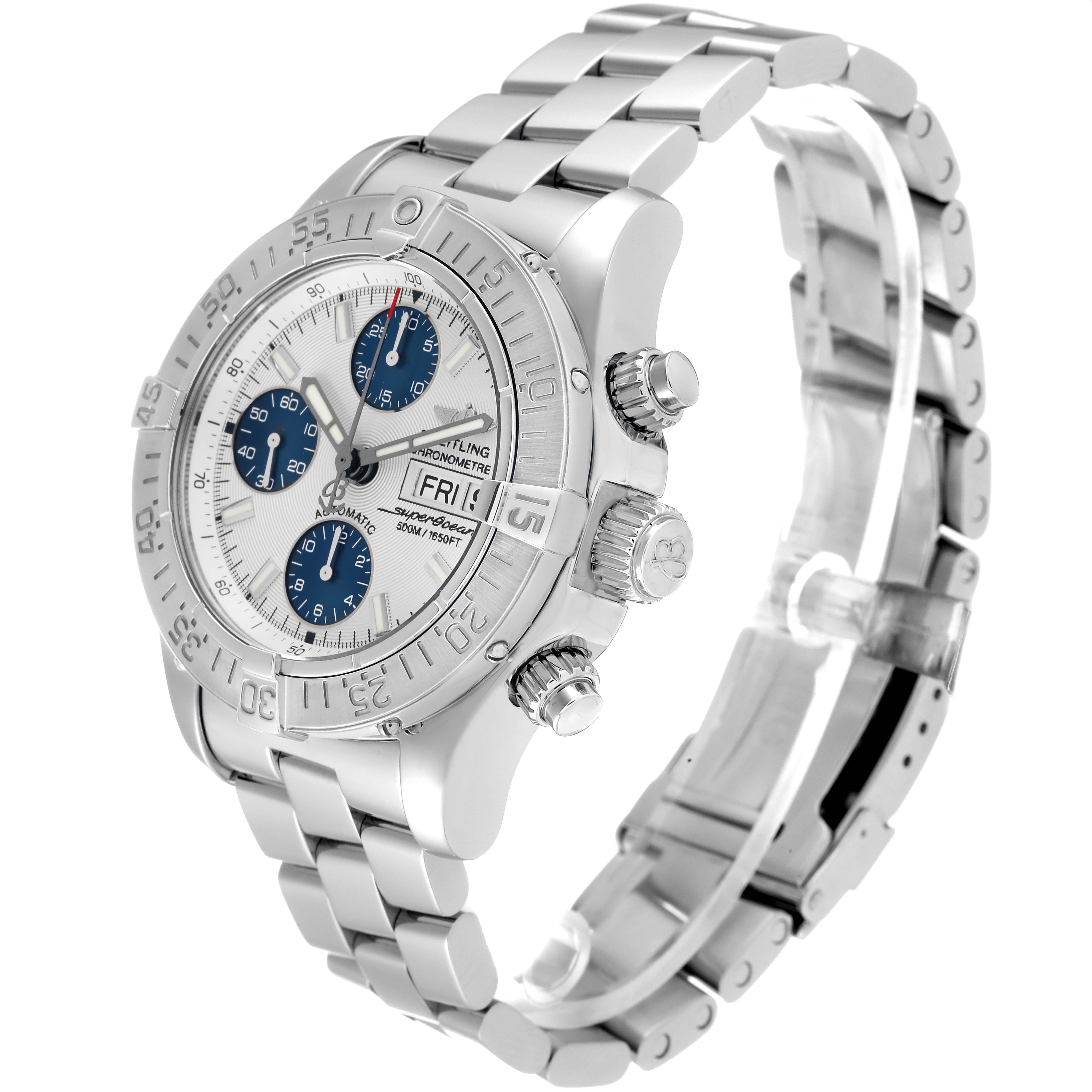 The image shows a Breitling Superocean A13340 Men's Stainless Steel Silver Dial A13340 Men's Stainless Steel Silver Dial watch at a slight angle, highlighting the dial, bezel, pushers, and metal bracelet.