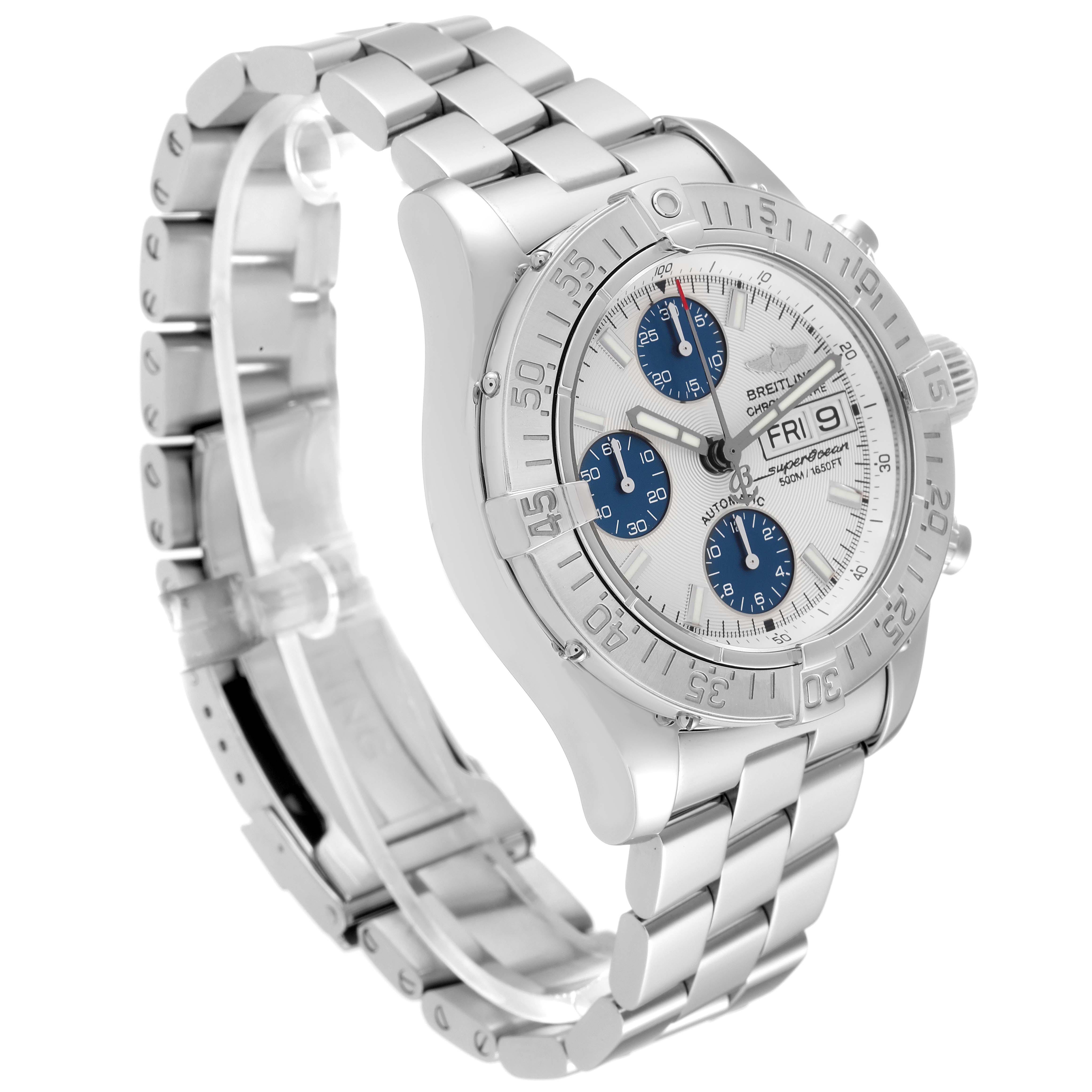 The Breitling Superocean A13340 Men's Stainless Steel Silver Dial A13340 Men's Stainless Steel Silver Dial watch is shown at a three-quarter angle, displaying the face, bezel, and metal bracelet.