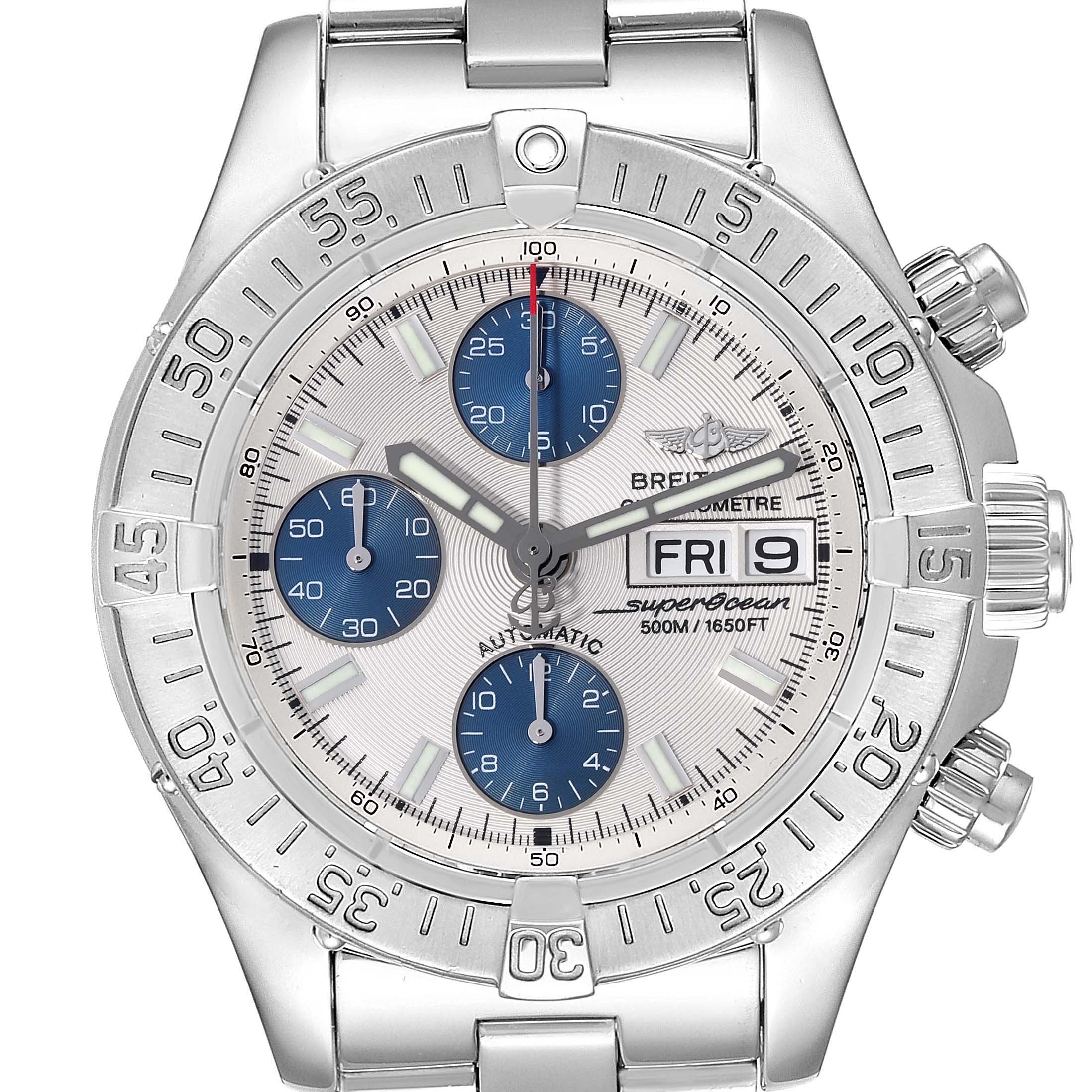 The Breitling Superocean A13340 Men's Stainless Steel Silver Dial A13340 Men's Stainless Steel Silver Dial watch is shown from a top-down angle, displaying the face, bezel, crown, and bracelet.