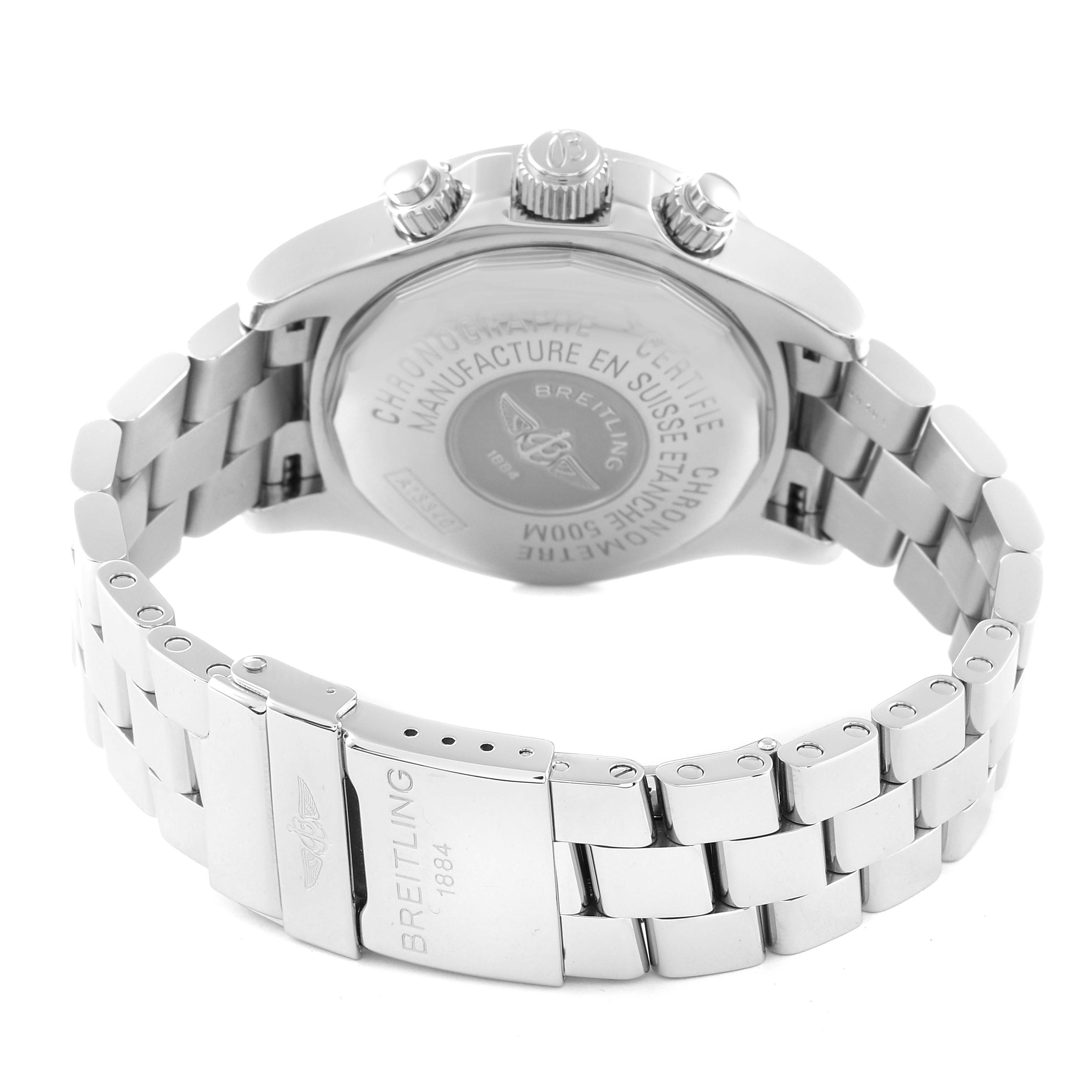 This image shows the back and bracelet of the Breitling Superocean A13340 Men's Stainless Steel Silver Dial A13340 Men's Stainless Steel Silver Dial watch, including the clasp and case back.