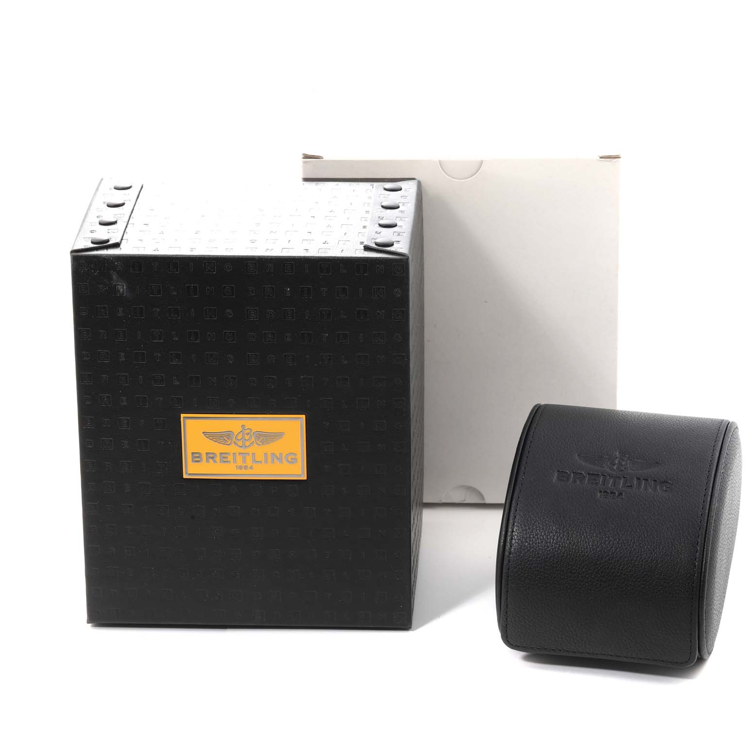 The image shows the packaging of a Breitling Superocean A13340 Men's Stainless Steel Silver Dial A13340 Men's Stainless Steel Silver Dial watch, including the black outer box and a black leather watch case.