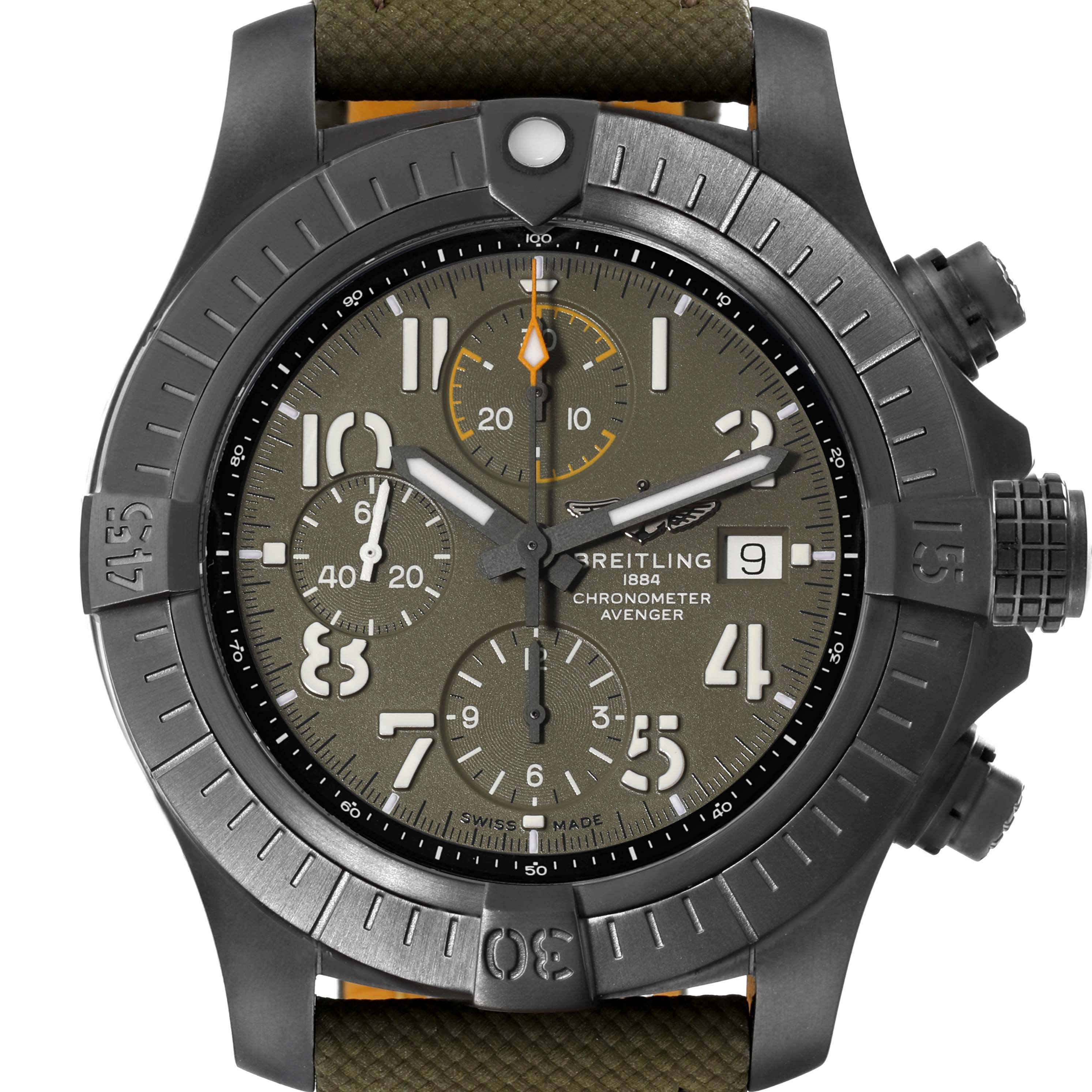 The Breitling Avenger V13317101L1X2 Men's Titanium Green Dial V13317101L1X2 Men's Titanium Green Dial watch is shown from the front, highlighting its dial, bezel, and chronograph subdials.