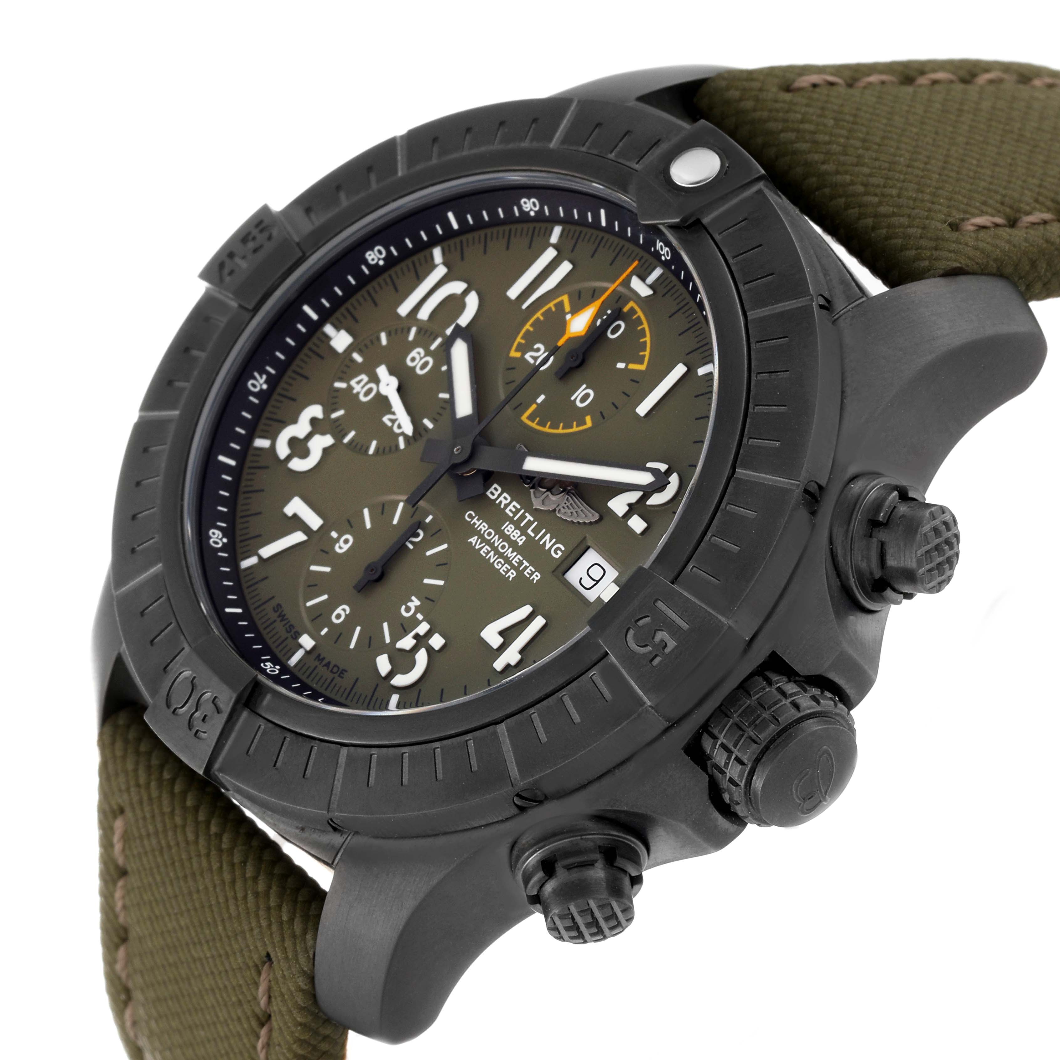 This image shows a side angle view of a Breitling Avenger V13317101L1X2 Men's Titanium Green Dial V13317101L1X2 Men's Titanium Green Dial watch, featuring the dial, bezel, crown, and pushers.