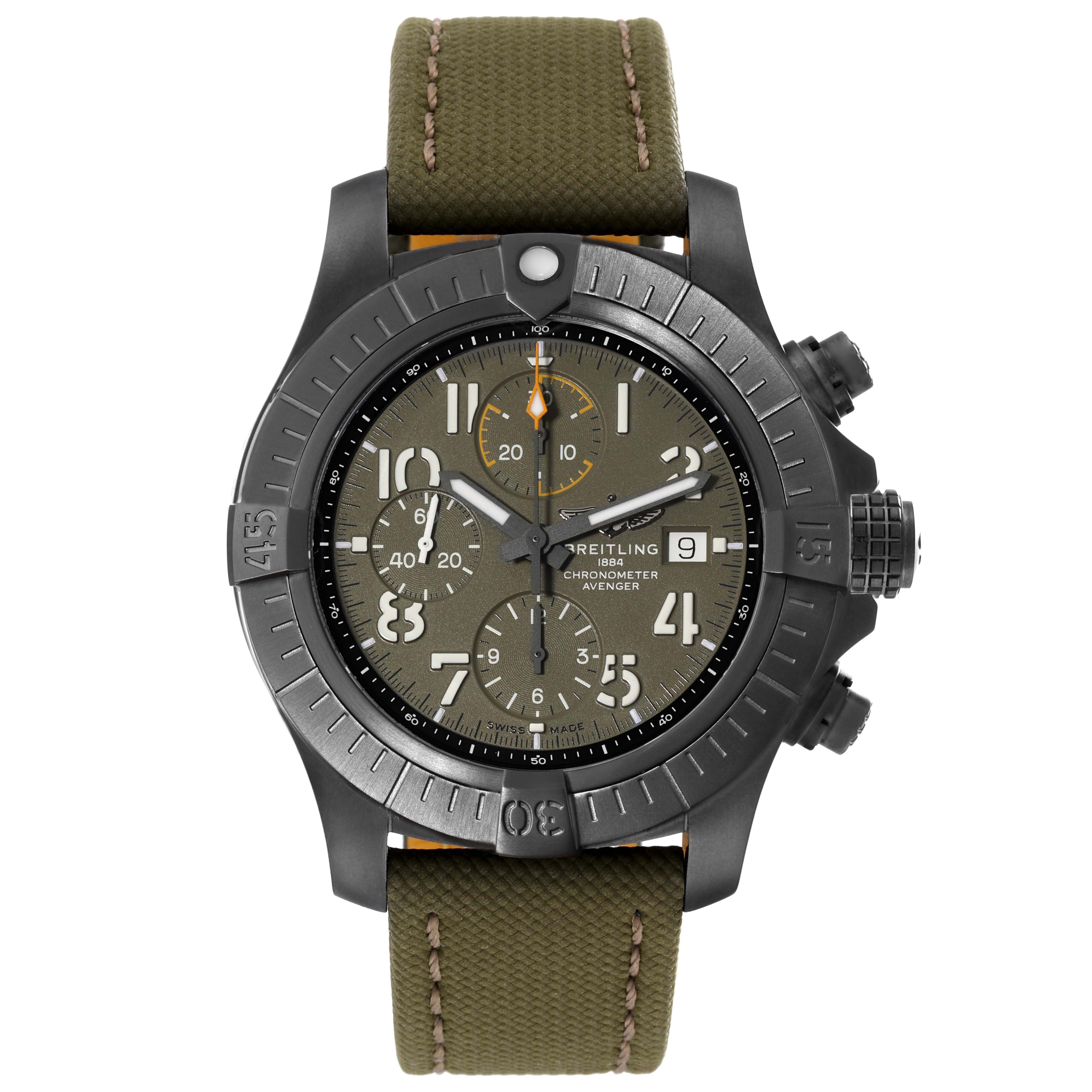 The Breitling Avenger V13317101L1X2 Men's Titanium Green Dial V13317101L1X2 Men's Titanium Green Dial watch is shown from a front angle, displaying its dial, bezel, and green fabric strap.