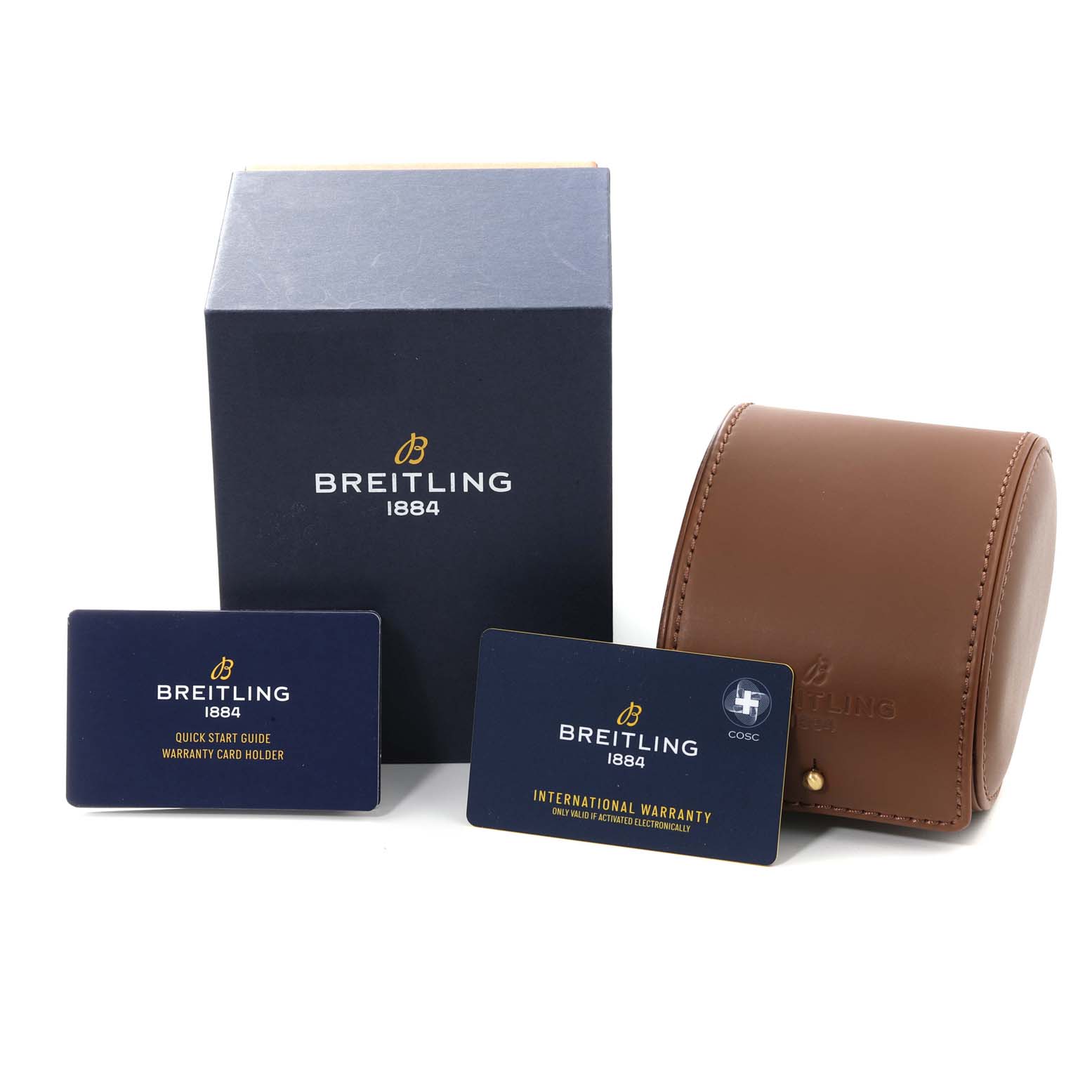 The image shows the packaging, warranty cards, and a travel case for the Breitling Avenger V13317101L1X2 Men's Titanium Green Dial V13317101L1X2 Men's Titanium Green Dial model watch.